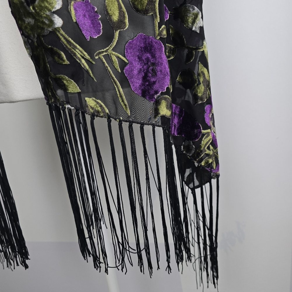Vintage Black Velvet Burnout Floral Fringe Shawl | Wrap Boho Gothic Romantic - Picture 4 of 5